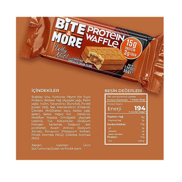 Bite&More Proteinli Fındık Kremalı Waffle 55g x 12 adet - 2
